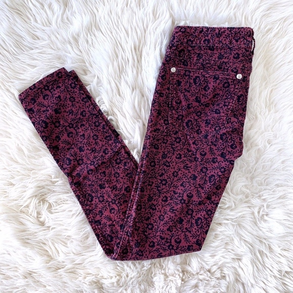 Free People Pants - Free People Red Floral Print Skinny Corduroy Pants